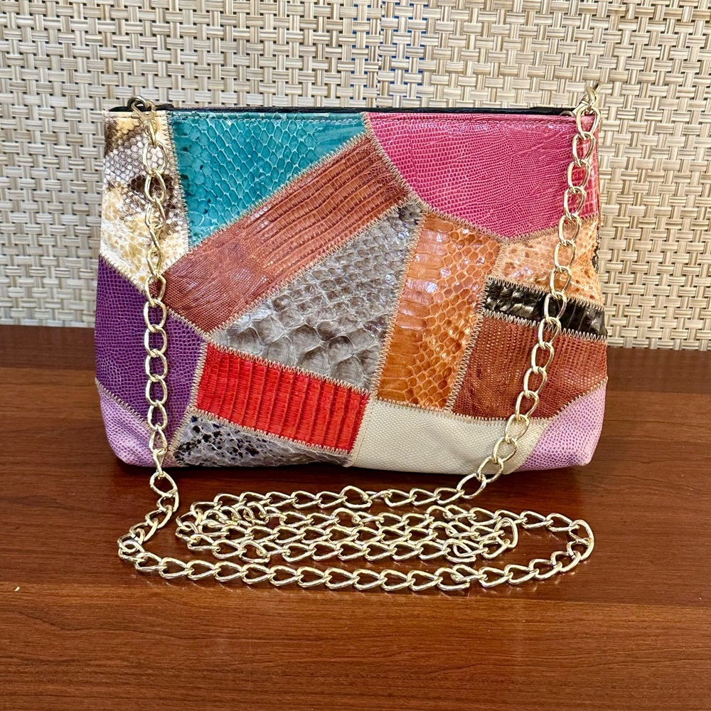 🌟2xHP🌟VTG 1980s Snake & Lizard Skin Patchwork Color Block Shoulder/Crossbody Bag